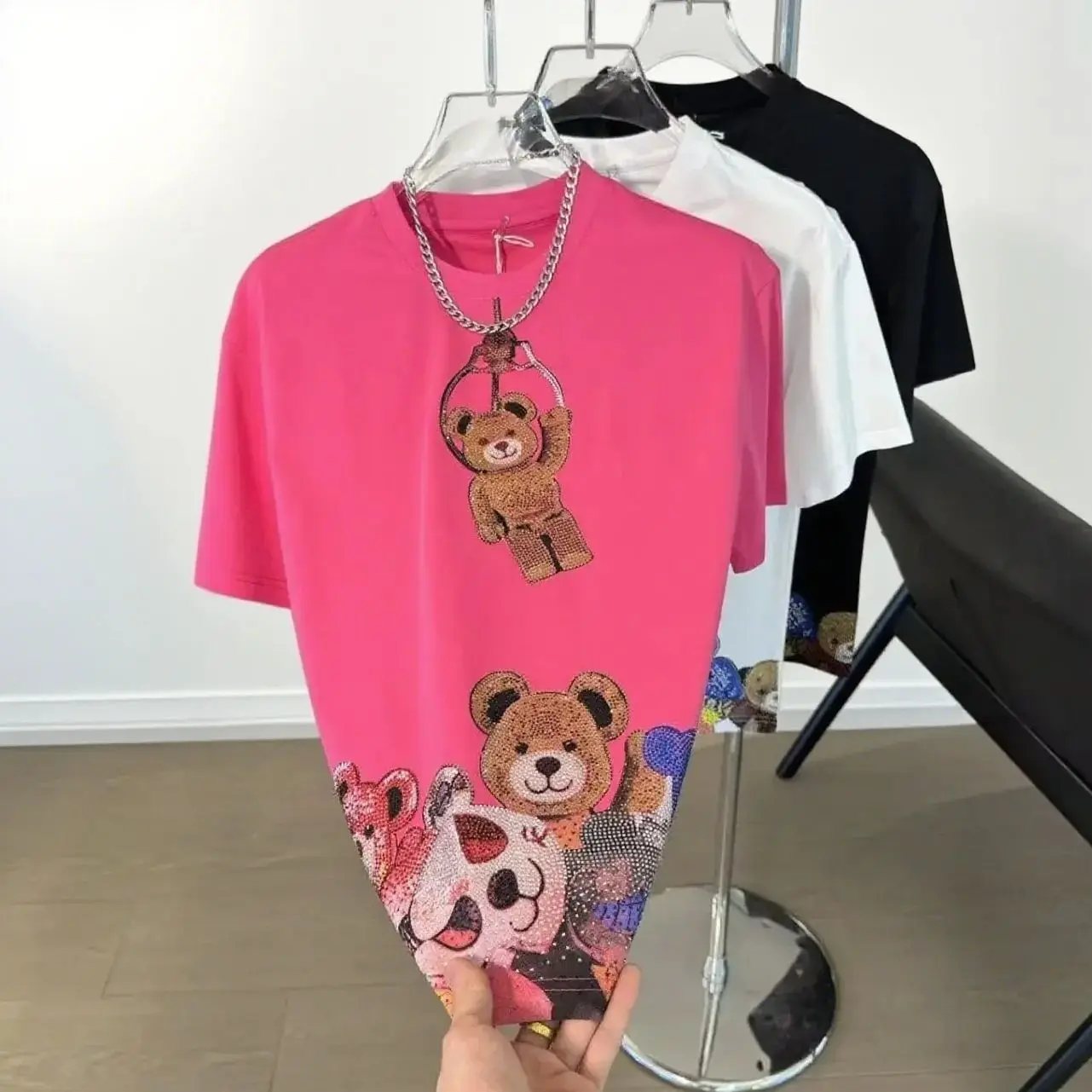 

High Street Trendy Male T-shirt New Spring Summer Cute Bears Hot Drilling Cotton Bottoming Tops Chic Men's Short Sleeve Tops