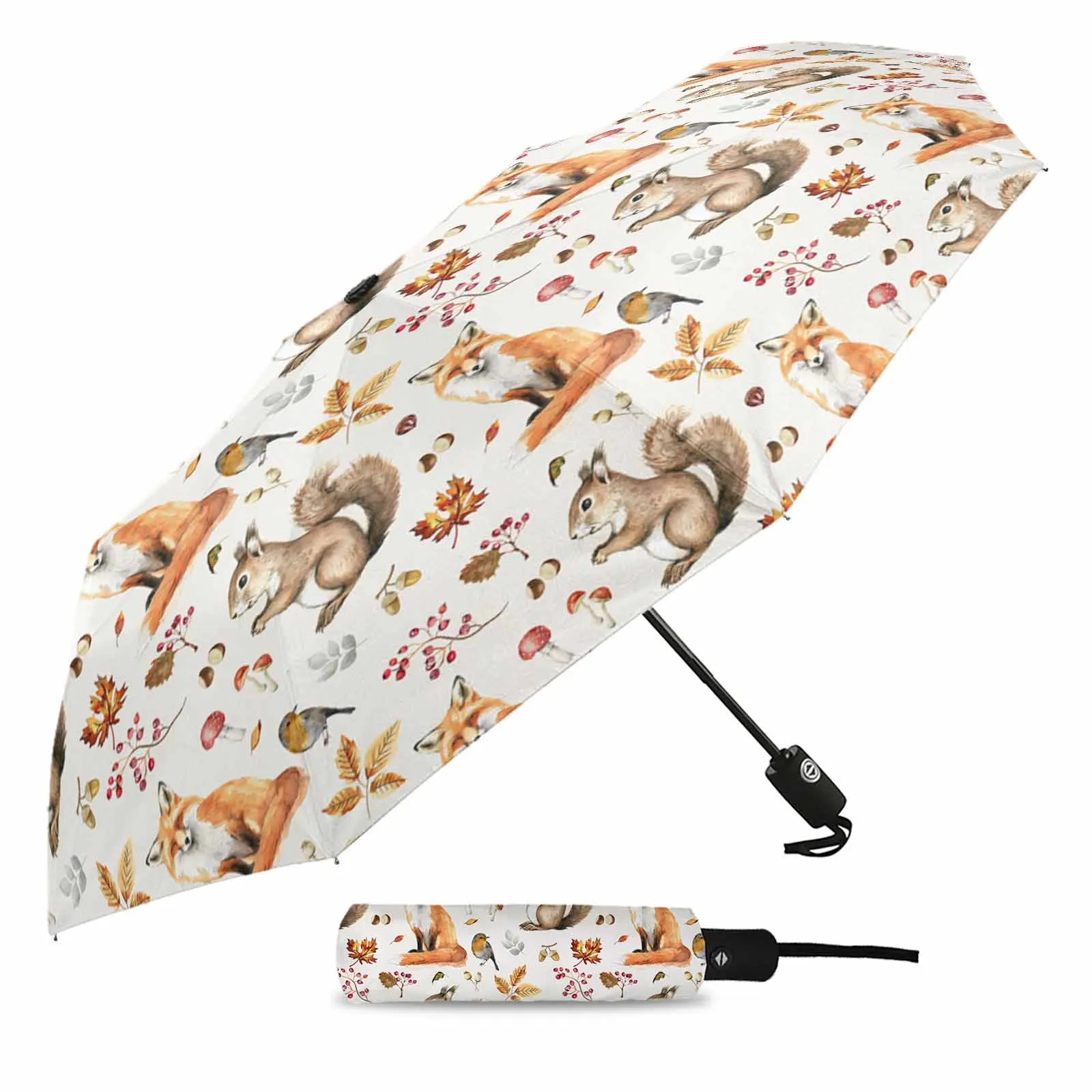 Autumn Plants Squirrels Foxes Flower Automatic Umbrella for Rain Foldable Parasol Umbrella Eight strand Outdoor Umbrellas