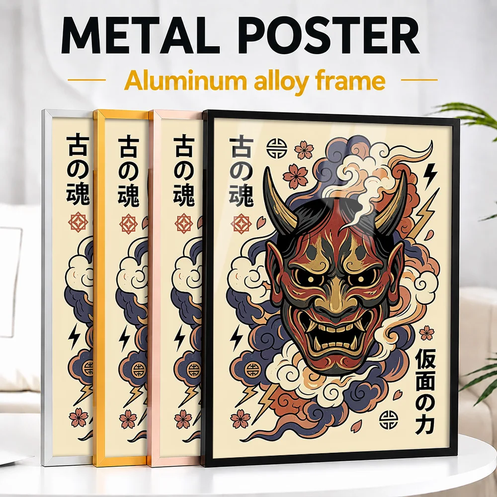 Japanese Oni Mask Metal Poster With Aluminum Alloy Frame Personalized Scenic Tribute Wall Art For Travelers Decorating Office