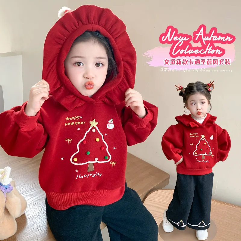 

Осенне-зимний комплект 2026: Новая мультяшная аниме-толстовка и брюки (2 предмета), модный, милый и теплый спортивный костюм для девочек, рождественская одежда