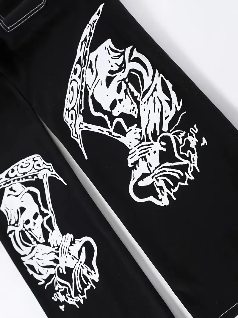 

Мужские повседневные джинсы прямого кроя с карманами с принтом скелета, из смесового хлопка, с эффектом потертости, всесезонные, комфортные, мужские брюки