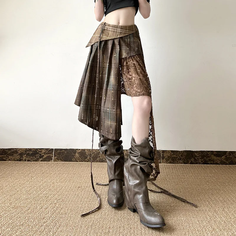 

Ins Wasteland Style Niche Design Plaid Contrasting Color Irregular Splicing Lace Split Half Skirt New