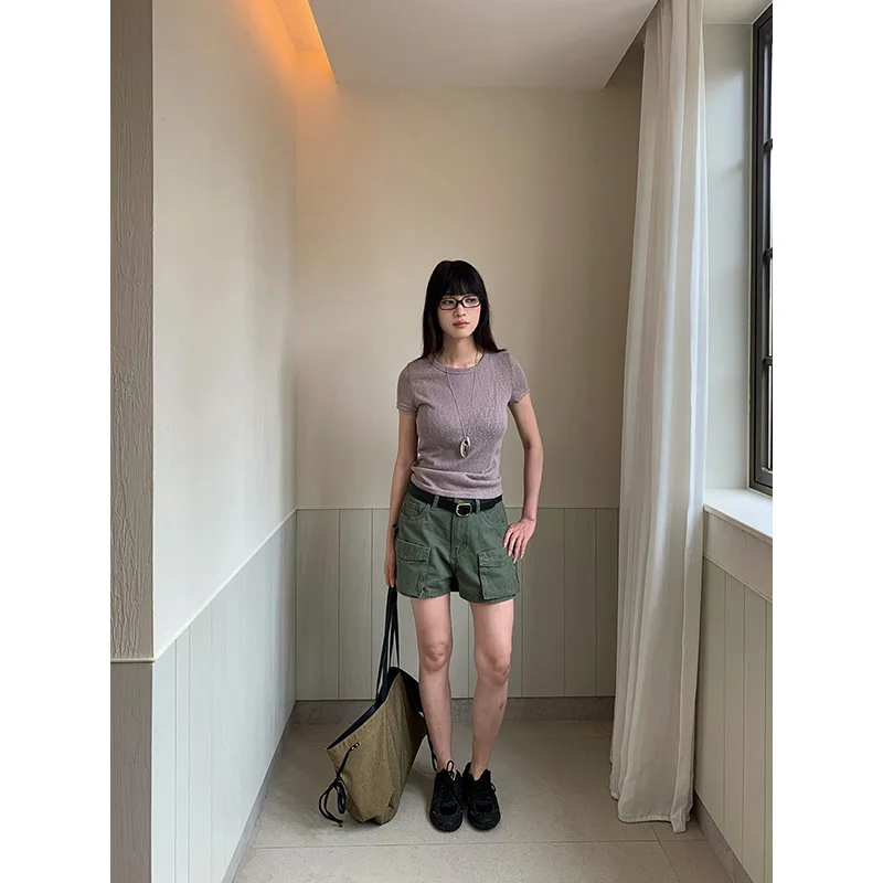 Benuynffy Retro Multi Pocket Washed Cargo Shorts Women 2026 Summer New 2000s Streetwear Casual Female Wide Leg Hot Pants
