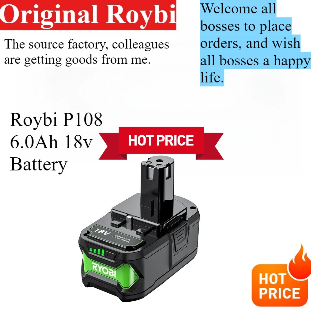 

New Ryobi 18V 6.0Ah Battery ,for Ryobi Tools P102 P103 P104 P105 P107 P108 P109 ONE+ Tools Replacement Lithium Ion Battery