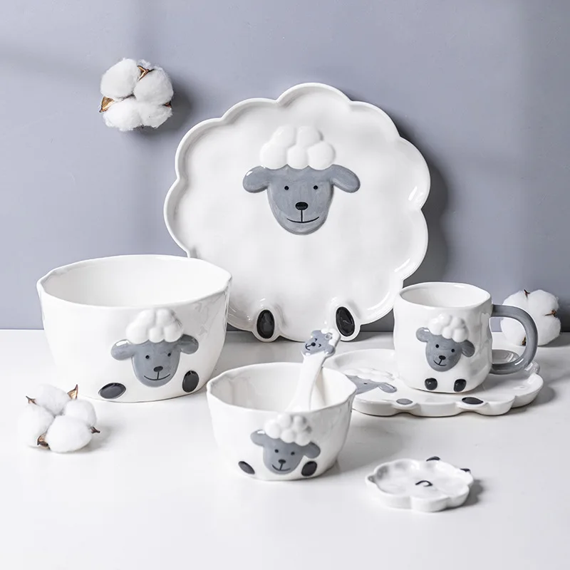 

Korean INS High-value Ceramic Tableware Net Celebrity Little Sheep Dinner Plate, Dim Sum Plate, Cake Plate, Mug Rice Bowl