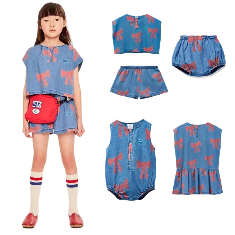 

New WYN 2025 Summer Kids Girls Clothes Sets Print Denim Casual Dress Bow Baby T-shirt And Shorts Suits Children Outfits Clothes