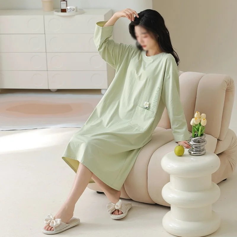 

Female Women's Sleep Dress Spring Autumn Long Sleeves Nightgowns Pajamas Cotton Nightdress Home Clothes Casual Dress New Style