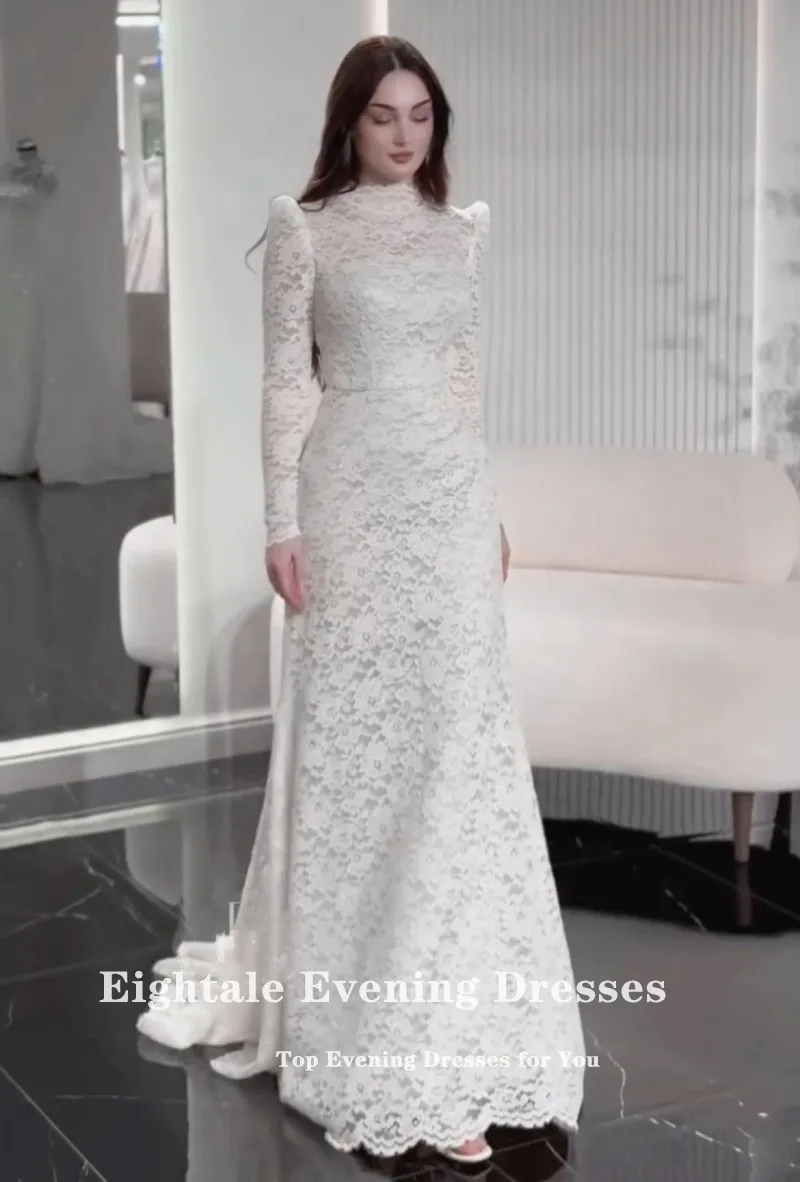 Abito da sposa arabo Eightale Abito da sposa in pizzo avorio personalizzato Collo alto Applicazioni musulmane Abito da festa da sposa a maniche lunghe