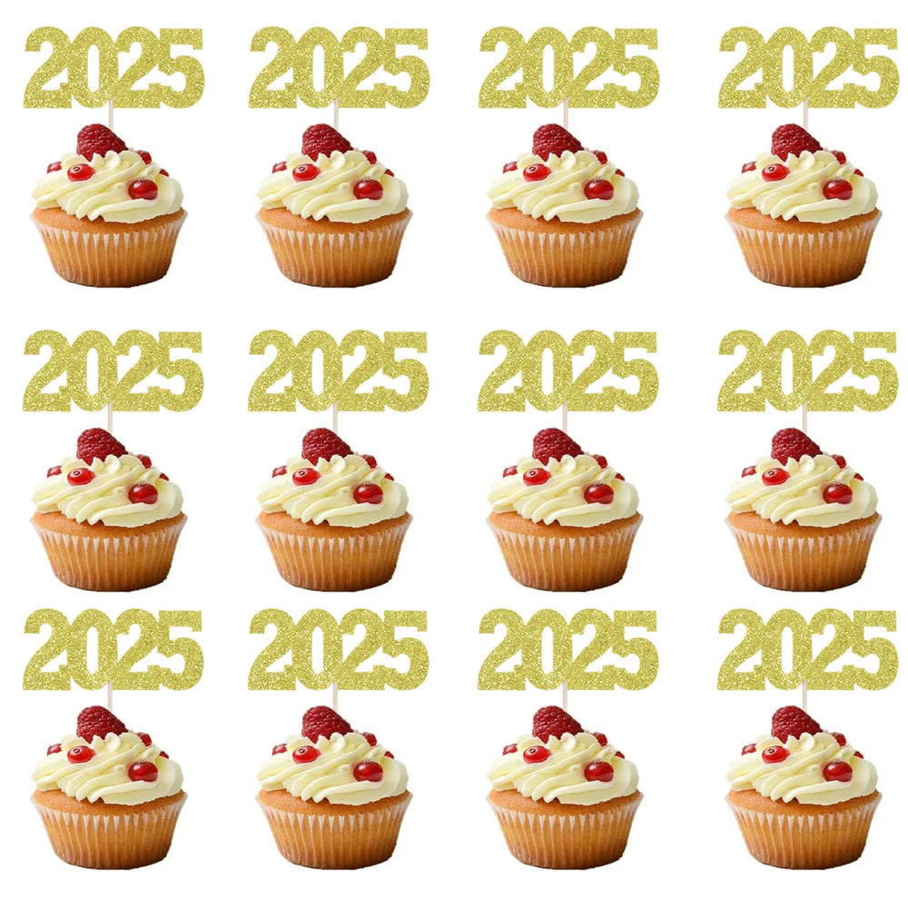 12pcs Gold Silver Glitter 2025 Cupcake Toppers Happy New Year Party Cake Decoration New Year\'s eve 2025 Supplies Christmas Decor