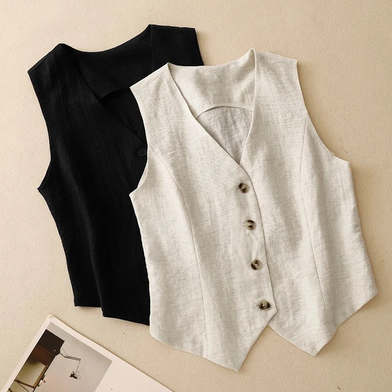 2026 New Solid Color Elegant Sleeveless Women's Thin Vest Summer Slim Fit Single Breasted Commuting Short Suit V-neck Vest 009#