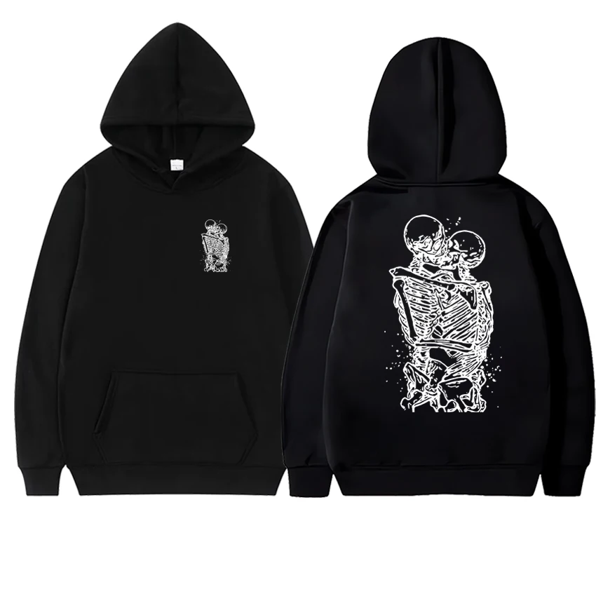 

2025 Autumn New in Winter Skeleton Kissing Love Never Dies printed streetwear Men women Gothic Hoodies Unisex Fleece Sweatshirt