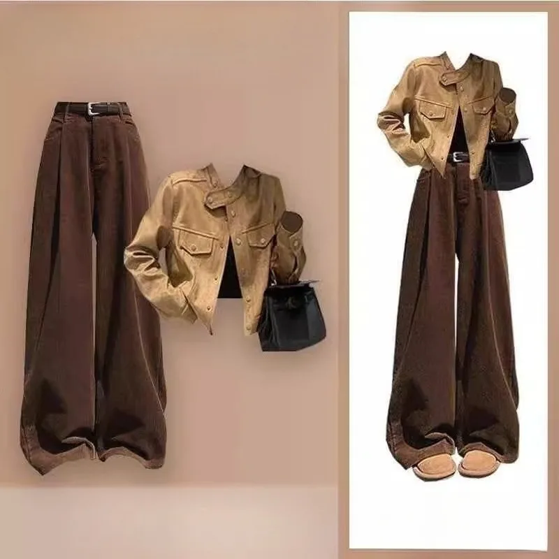 Lente Herfst Veelzijdige Jeugdige Vrouwen Nieuwe Trendy Stijlvolle Lange mouwen High-end Jas Hoge taille Wijde pijpen Broek Tweedelige set