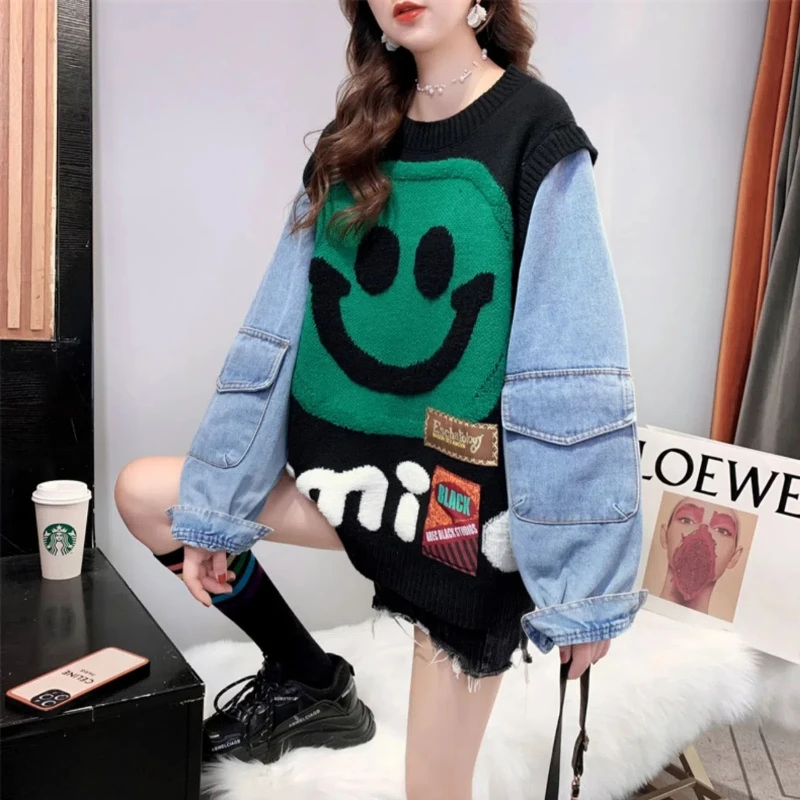 2022 New Autumn And Winter Korean Version Design Sense Small And Large Denim Splicing Heavy Industry Sweater Knitting Coat