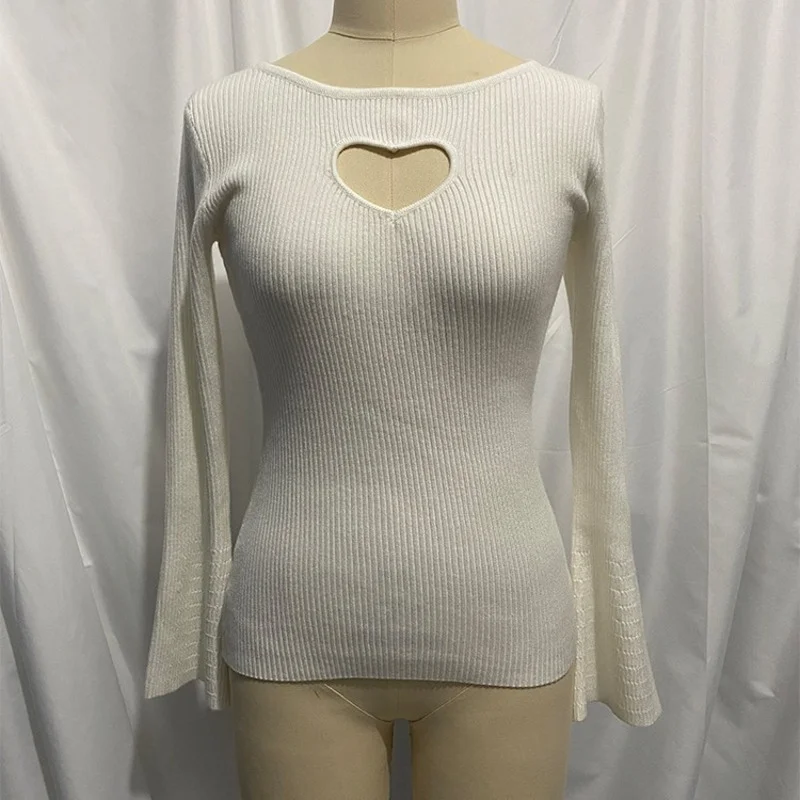 Manica lunga stretto scava fuori amore maglione lavorato a maglia femminile 2024 autunno/inverno maglioni bianco Basic Top abbigliamento donna Traf