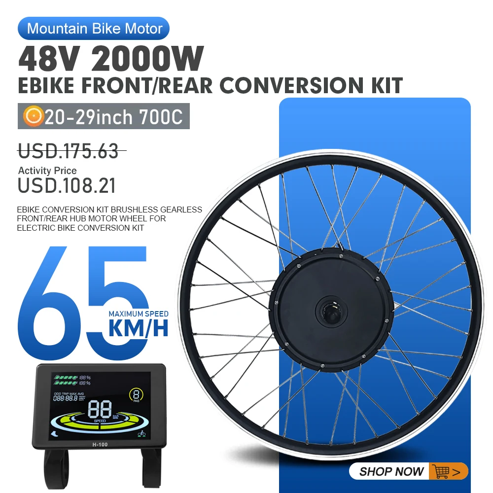 EBike Conversion Kit 48V 2000W Brushless Gearless Front Rear Hub Motor Wheel For Electric Bike Conversion Kit 20-29 Inch 700C