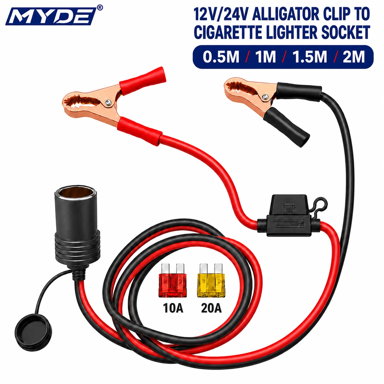 12V 24V Heavy Duty Battery Alligator Clip to Cigarette Lighter Socket Adapter Cable with 10A 20A Fuse for Car RV Truck Boat