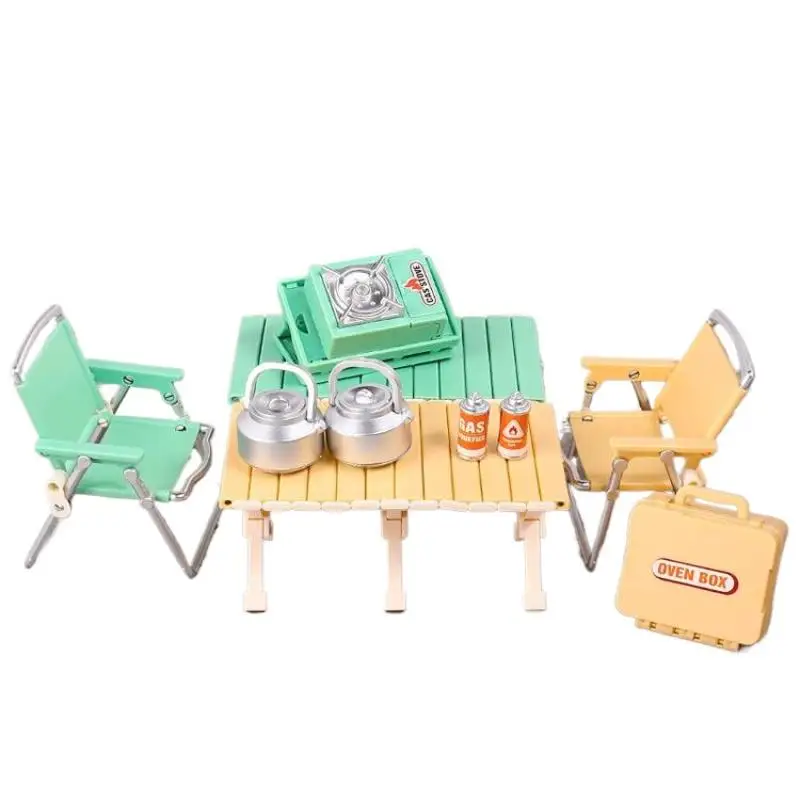Juego de Picnic en miniatura para casa de muñecas, silla plegable, estufas de Gas, modelo de decoración, accesorios para casa de muñecas, 1:6/1:12