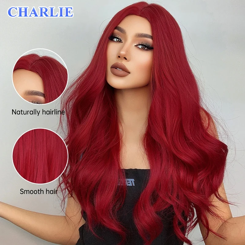 

Red Long Wavy Synthetic Hair Wigs for Women Red Body Wave Halloween Cosplay Natural Wig Heat Resistant Daily Party Use