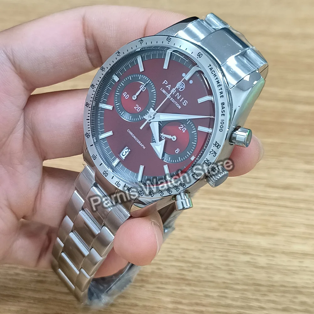 Parnis 40mm Red Dial Silver Bezel Quartz Chronograph Men\'s Watch Stainless Steel Strap Men Waterproof Sports Watches Gift Clock