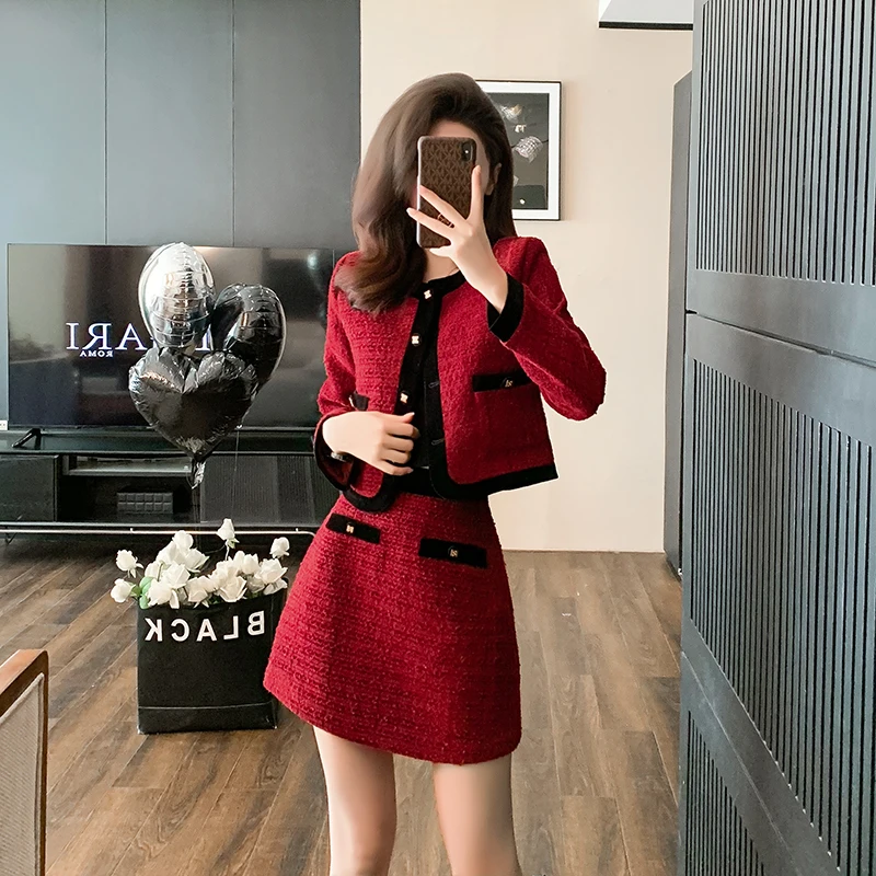 New Woman\'s Autumn Winter Small Fragrance Short Blazer Mini Skirt Suit Retro Contrast O Neck Tweed Suit Overskirt Two-piece Set