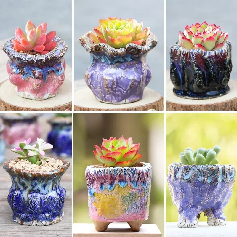 

Burst Flow Glaze Fleshy Flowerpot Creative Manual Home Decoration Small Thumb Basin Breathable Coarse Pottery Basin