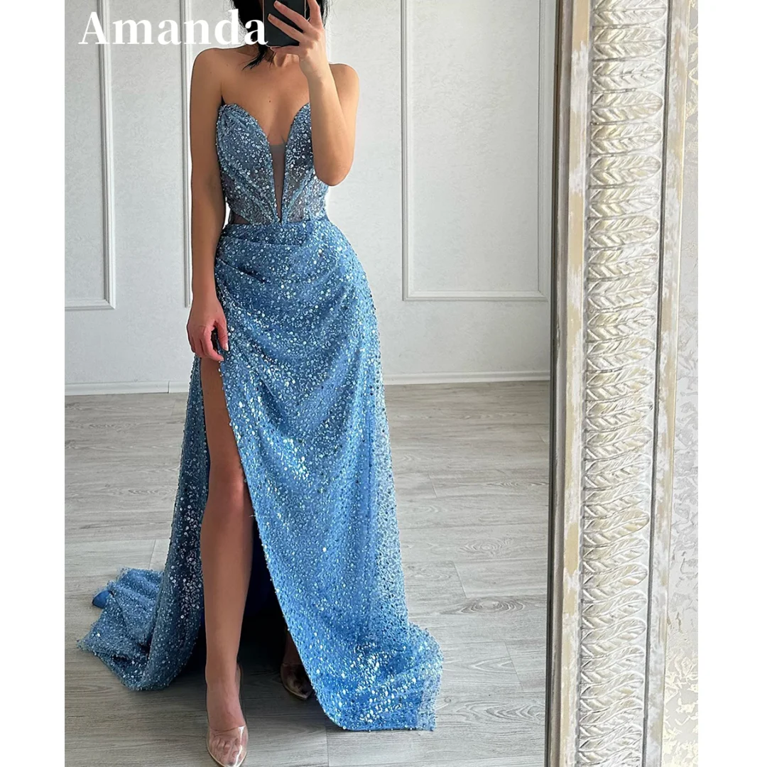 Amanda-vestidos de noche de sirena con purpurina y cuello en forma de corazón, vestido de graduación elegante, largo hasta el suelo, abertura lateral, Formal, azul claro, 2024