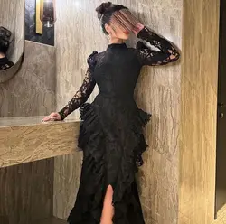 Saudi Arabia Prom Dresses Long Sleeves Ruffles Lace Black Evening Dresses New Design Women's Formal Wedding Dress Cocktail Gowns