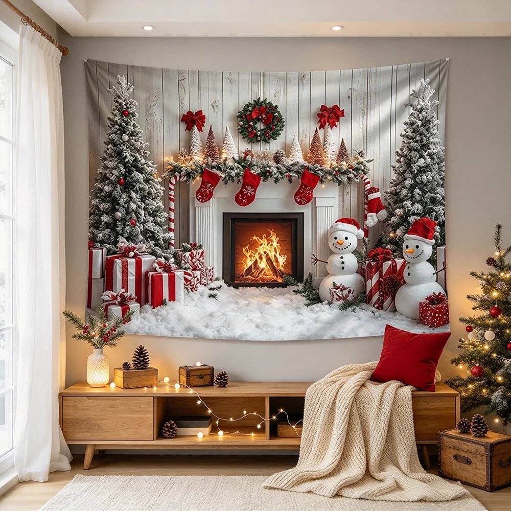 1PCS Tapestry, Christmas Fireplace Snowmen Trees Stockings Gifts Scene, Holiday Party Decoration for Home Studio Wall