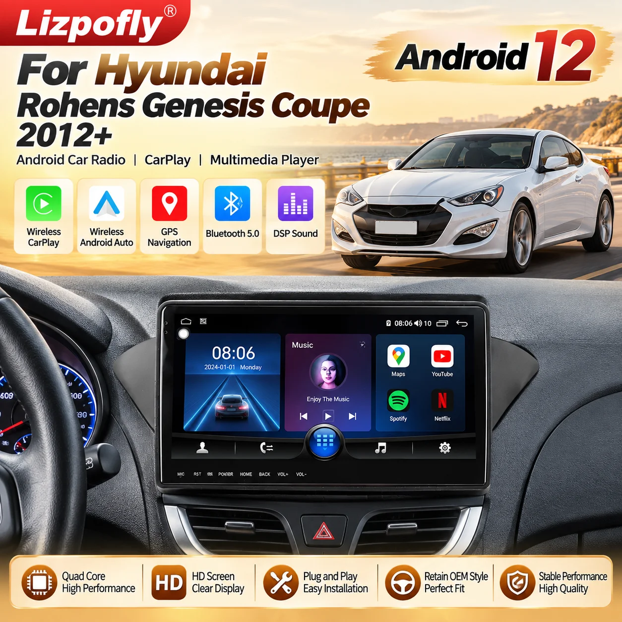 Lizpofly Android 12 Car Radio For Hyundai Rohens Genesis Coupe 2012+ Bluetooth CarPlay Central Multimedia Stereo Head Unit