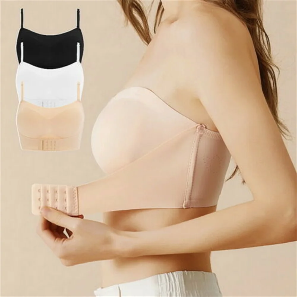 Women's Ice Silk Strapless Underwear Front Buckle Push Up Invisible Non-slip Breath Beautiful Back Wrap Chest Breasts 2022 New