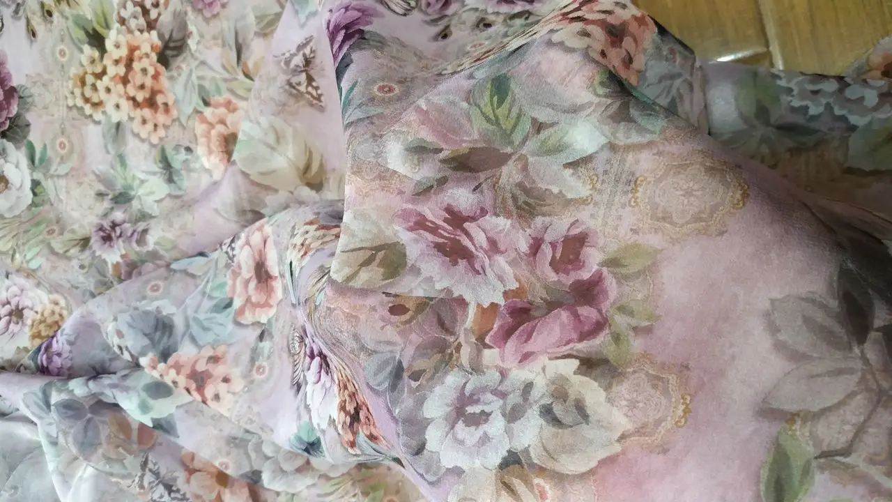 Flowers Painting Silk Chiffon Fabric 3meters Crinkled Real 100% Mulberry Silk Georgette Cloth crepe gauze Wholesale and retail