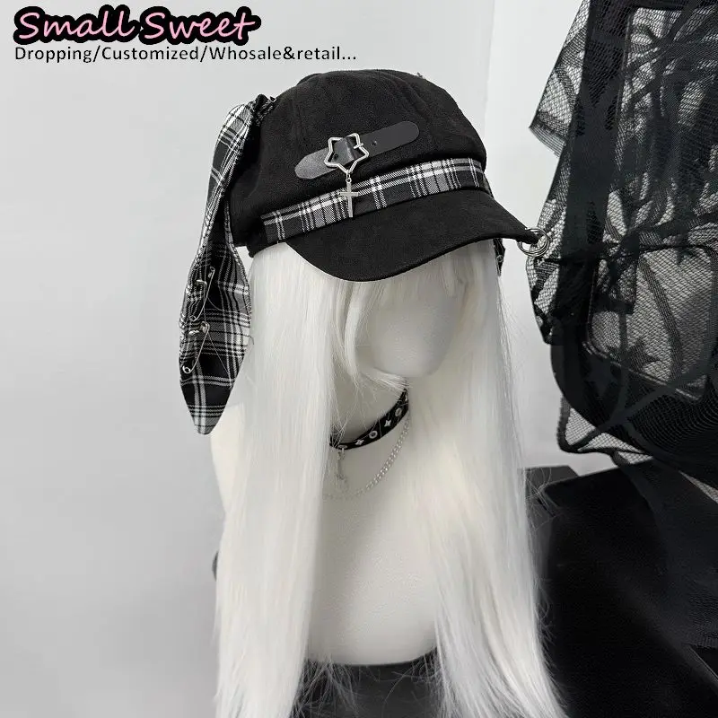 النساء فاسق الثقافة الفرعية موضة Steampunk انفصال Y2k حار فتاة آذان أرنب قبعة بيسبول القوطية طويلة الأرنب الأذن قبعات للحماية من الشمس #4