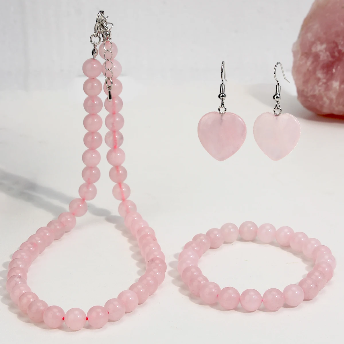 Boho 8mm Rose Quartz Round Beaded Necklace Bracelet And Heart Earrings Women's Sweet Handmade Jewelry Set Valentine's Day Gifts