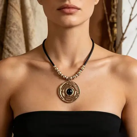 Pendant Vintage French Black Leather Cord Necklace Women Hollow Round Pendant Gold Bead Black Onyx Choker Jewelry