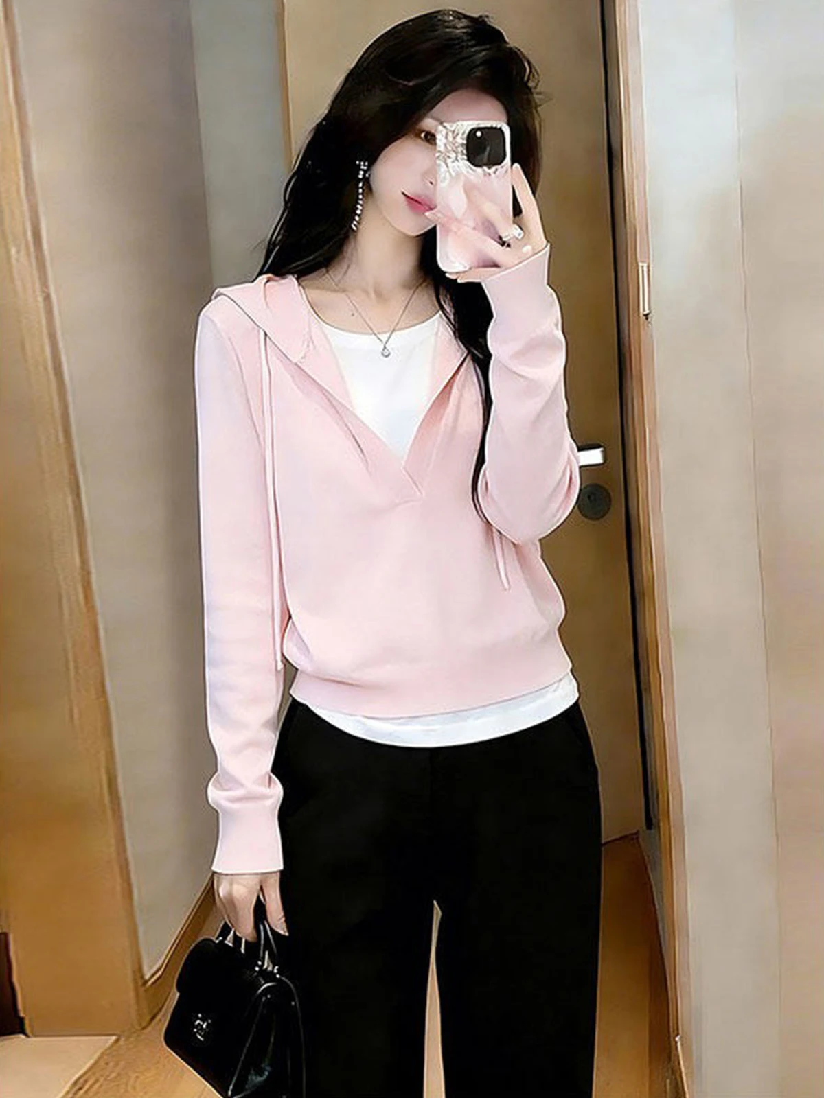 

Pink Hooded Knitted Sweater Women's Casual Loose Long Sve Top Spring 2026 Early Season Comfortable Lazy Sle Faionable