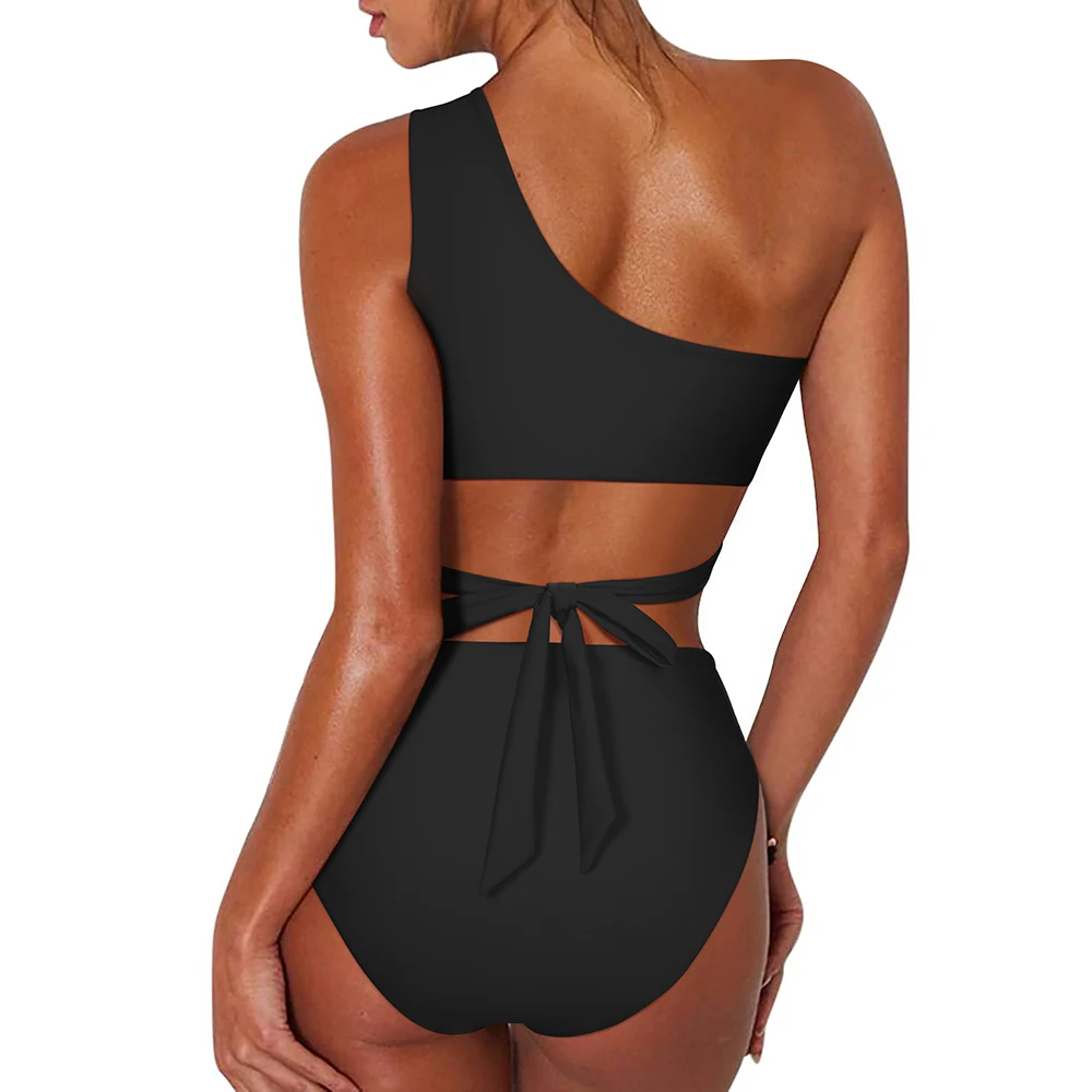Conjunto de Bikini de un hombro para mujer, bañador de cintura alta, trajes de baño sólidos, Bikini entrecruzado con Push-Up para mujer 2024