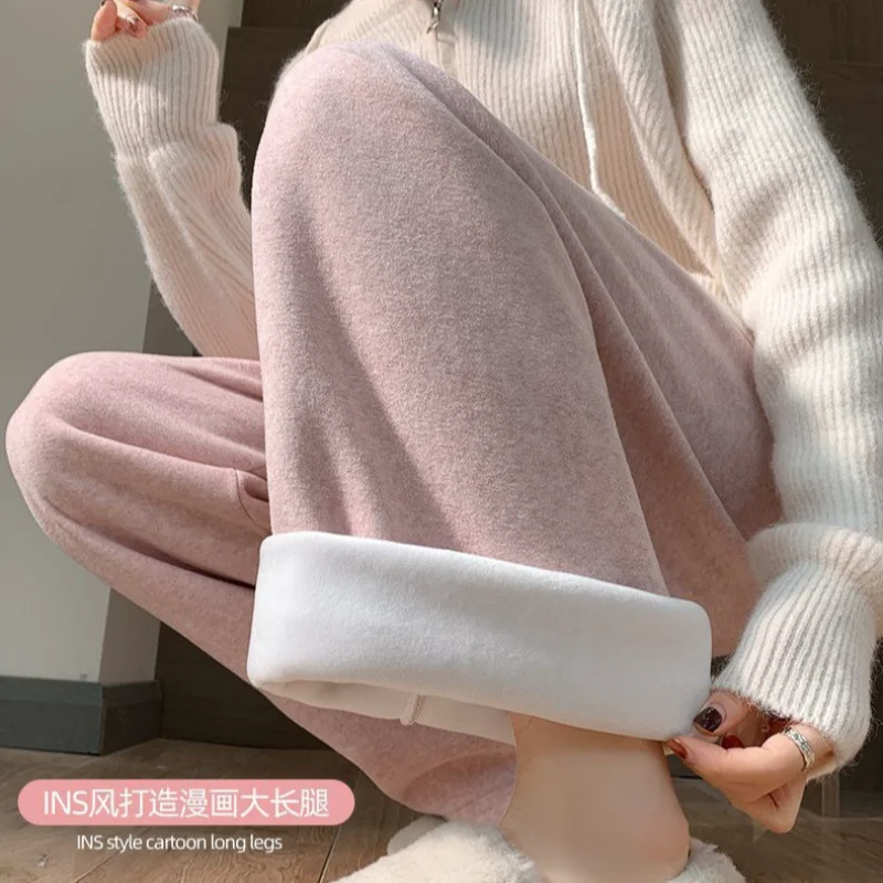 Autunno Inverno Donna Pantaloni a gamba larga Drappeggio Taglio dritto Addensare Tenere al caldo Pantaloni casual Foderati in pile Pantaloni di riso appiccicosi a vita alta