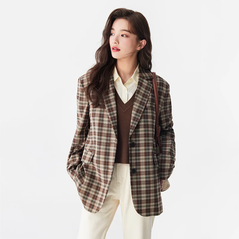 Semir Women Jacket Autumn New Mid-length Retro Fashion Plaid Suit  Loose Commuting Style  Trendy Design Jacket for Women