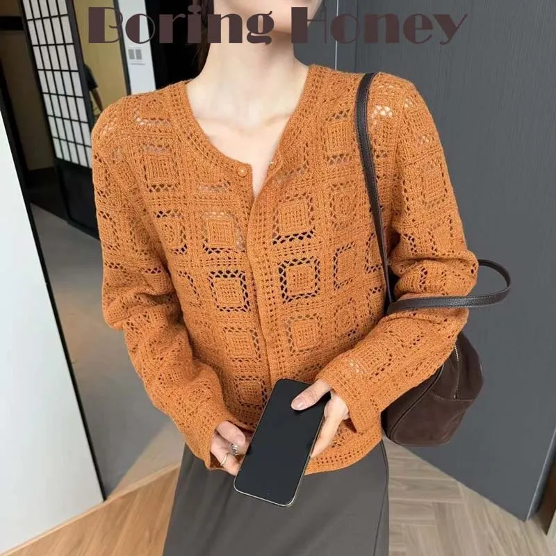 Boring Honey French Hollow Crocheted Long-Sleeved Knit Cardigan Women Wear Unique Beautiful Loose Coats Early Autumn Top Women