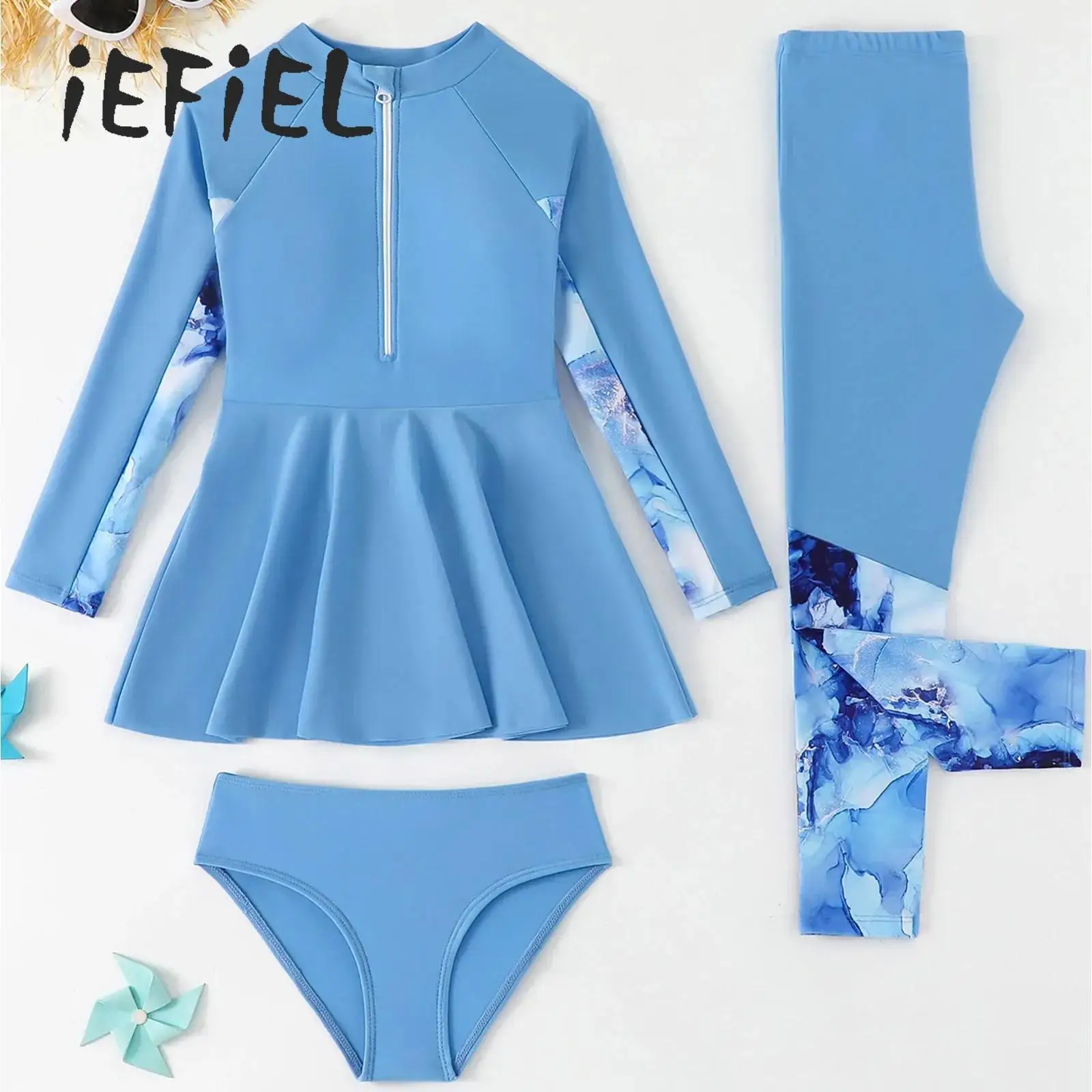 

Купальник для девочек из трех частей: цельный купальник для серфинга с длинным рукавом, топ-платье на молнии до середины груди и трусики-шорты с длинными штанинами