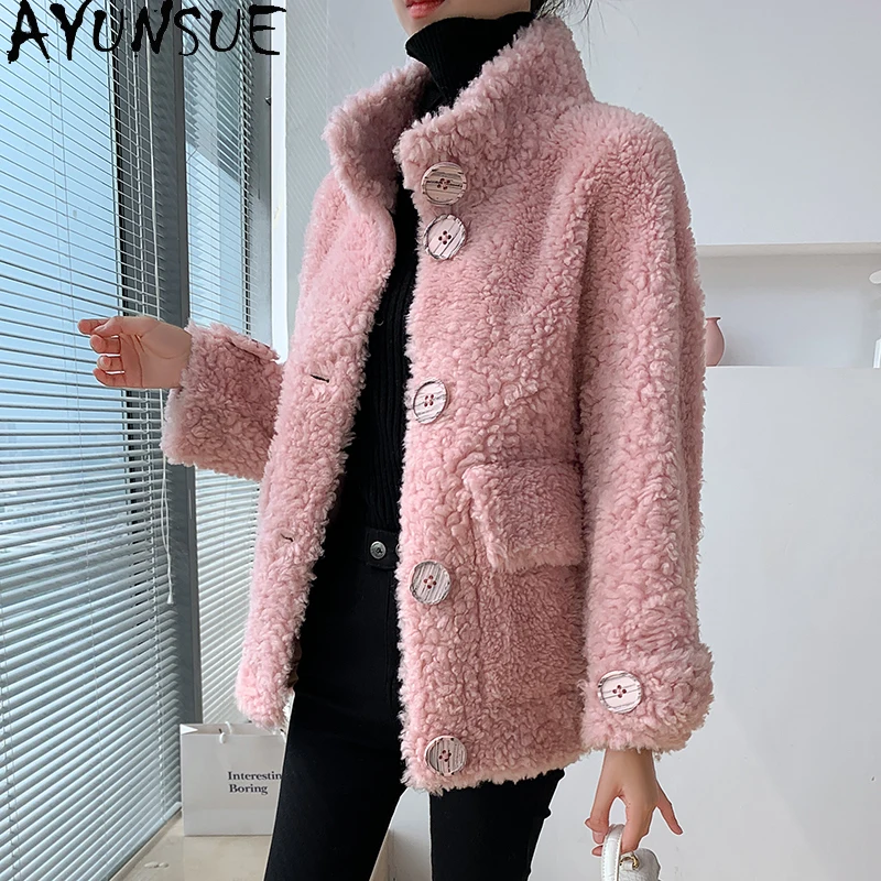 سترات نسائية من الصوف الطبيعي 100% من AYUNSUE سترات عصرية للخريف والشتاء للنساء ملابس قصيرة من فرو الضأن Abrigo Mujer
