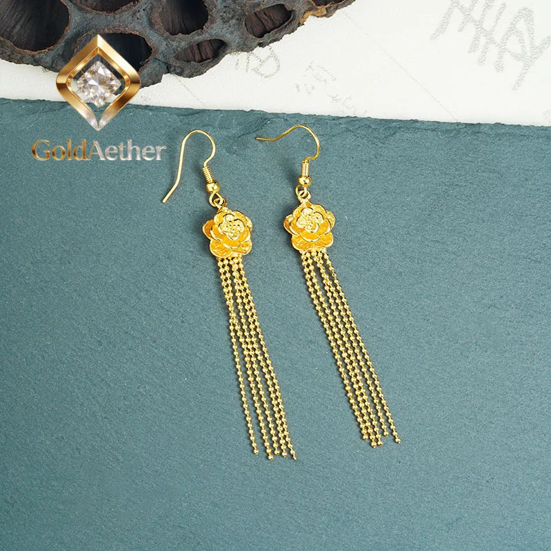 

GoldAether Luxury 24K 9999 Pure Gold real gold Women's Rose Tassel Earrings
