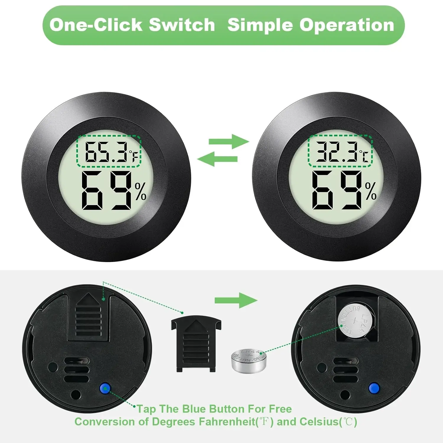 4 عبوات من مقياس الرطوبة الصغير للاستخدام الداخلي والخارجي، مقياس الرطوبة الدائري، شاشة LCD رقمية صغيرة، مقياس درجة الحرارة #2