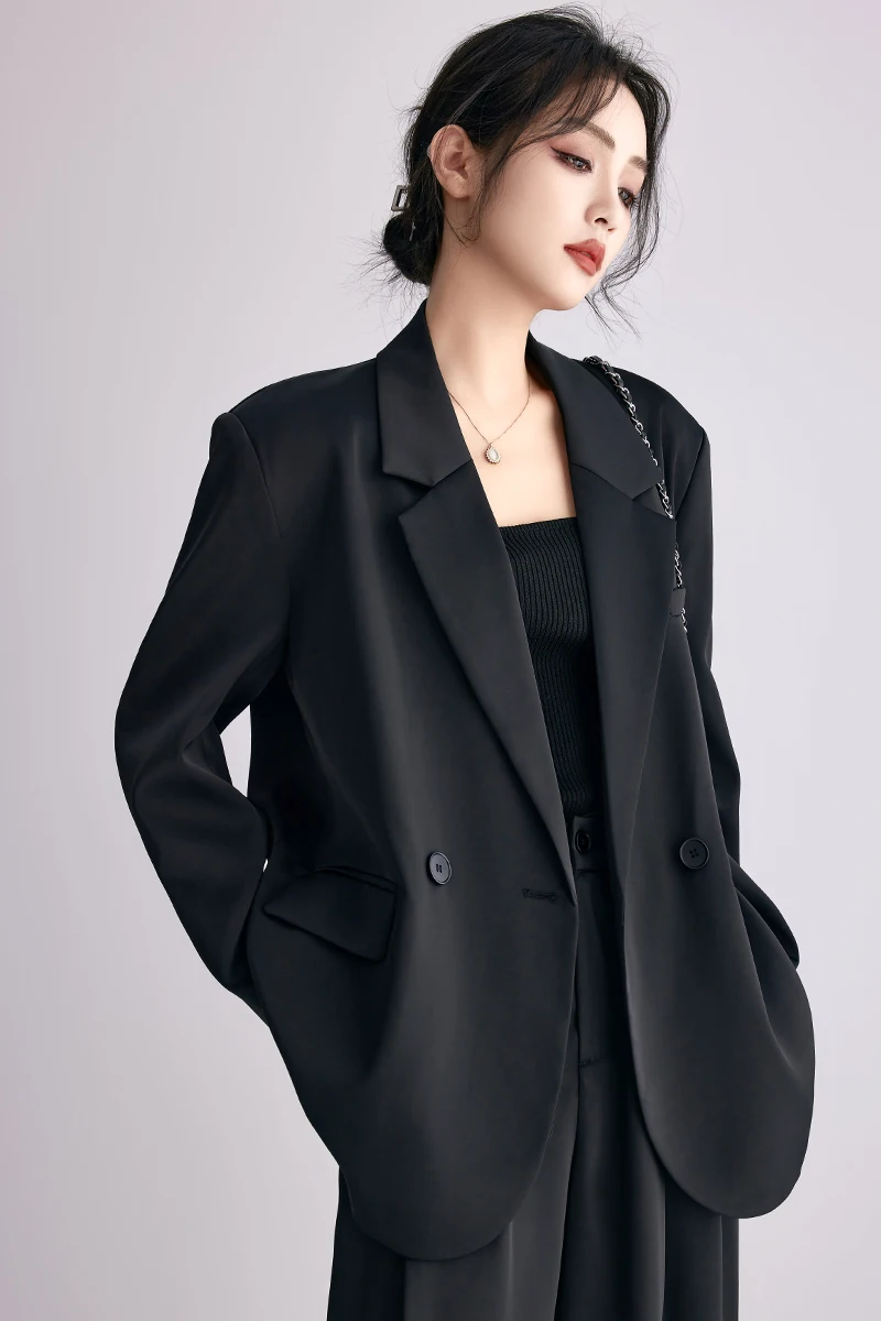 

Bla Satin Luster Tri-Acetate Blend High-End Jaet Loose Drapey Korean Sle Autumn Outfit Original Design Long Sve