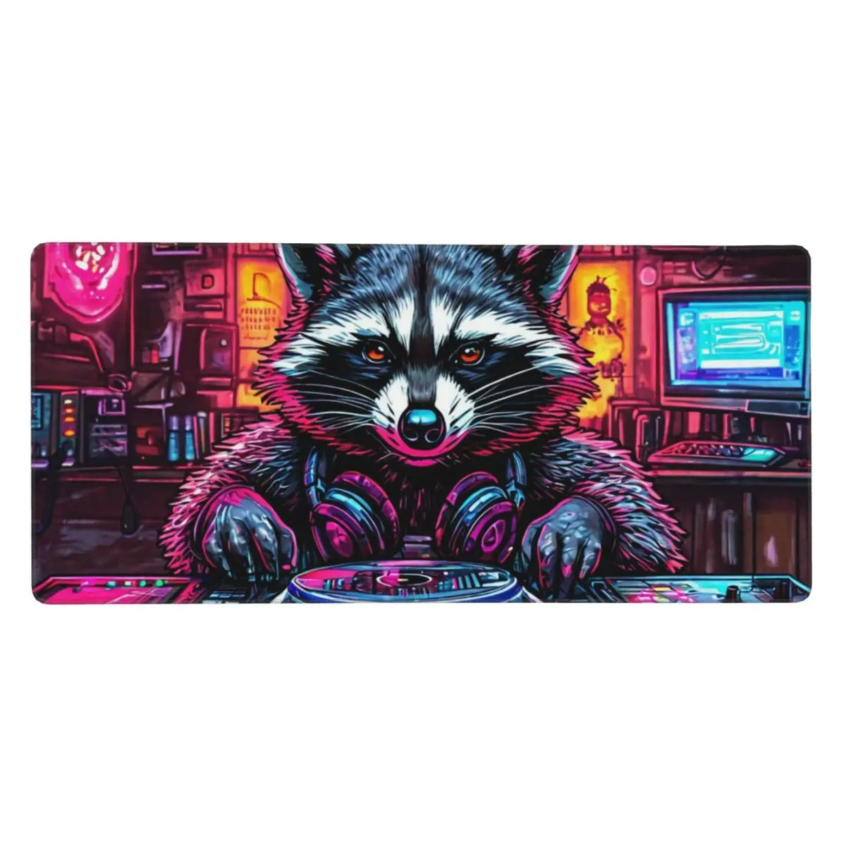 Neon Raccoon DJ With Animal Party Large Mouse Pad Computer Keyboard Mouse Mat PC Laptop Desk Mat Office Accessories Table Mats