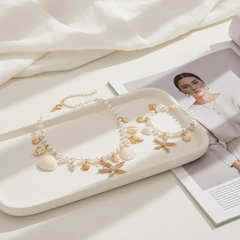 Starfish Shell Conch Imitation Pearl Necklace Bracelet Set Vacation Daily Jewelry Women Fashion Trend Gift Daily Accessory