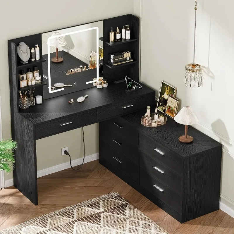 Vanity Desk with LED Lighted Mirror & Power Outlet, Modern Corner Makeup Table 8 Drawers Open Shelves