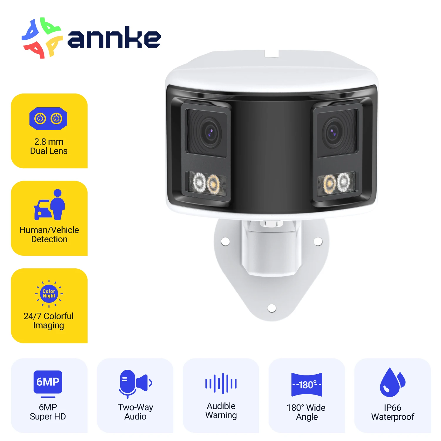 Annke 6MP POE Dual Lens Camera H.265 Outdoor Human Vehicle Detection 180° Wide Angle IP Camera Two Way Audio Security Protection