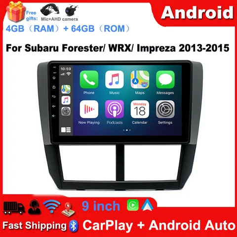 Double Din Android 13 Car Stereo GPS Navigation 4+64G for Subaru Forester 2008-2012 Support Wireless Carplay Android Auto 9in Car Radio with Bluetooth WiFi FM/RDS SWC Mirror Link + AHD Backup Camera