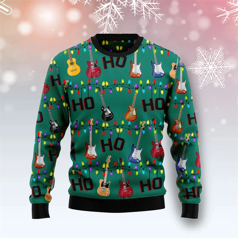 

2026 New Guitar Pattern Ugly Christmas Sweater Retro Fashion Crew Neck 3D Printed Xmas Sweatshirts Casual Oversized Pullovers